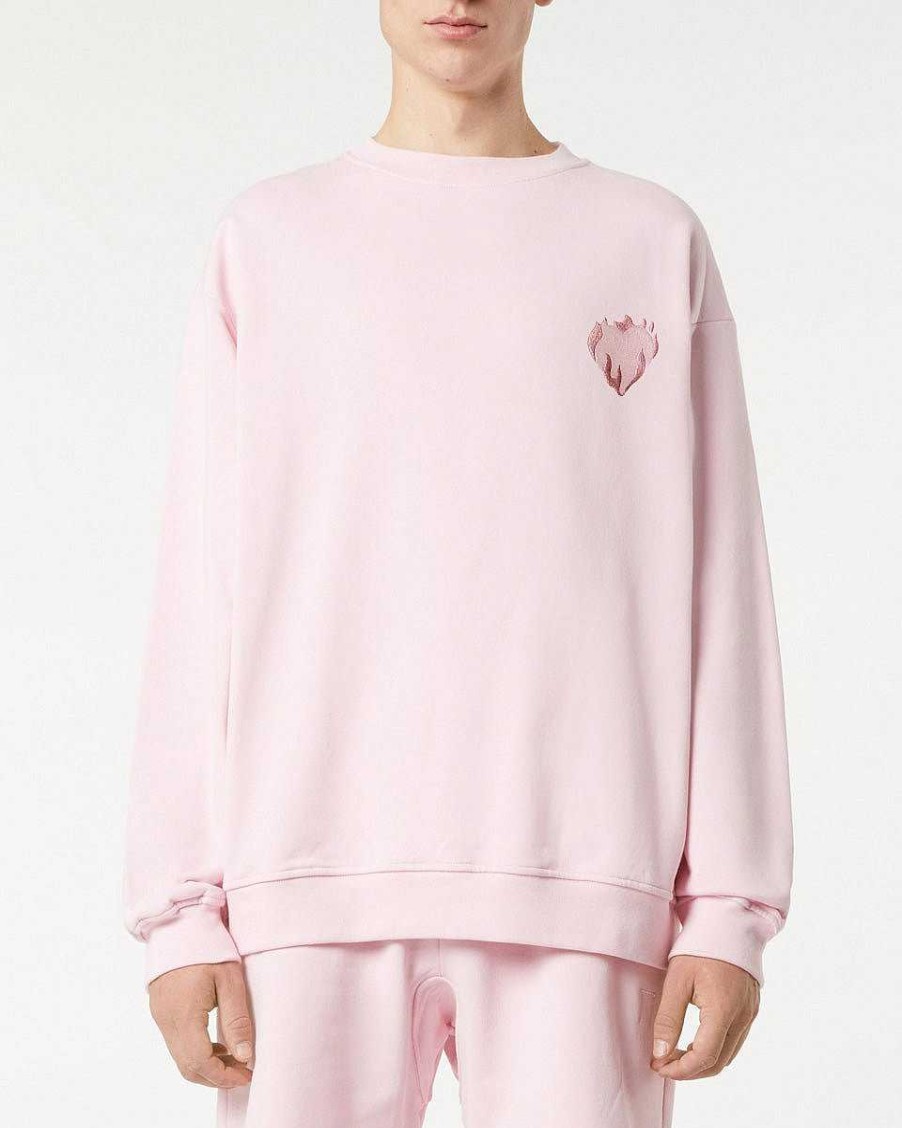 Men Vision of Super Sweatshirts | Pink Crewneck With Embroidered Flaming Heart