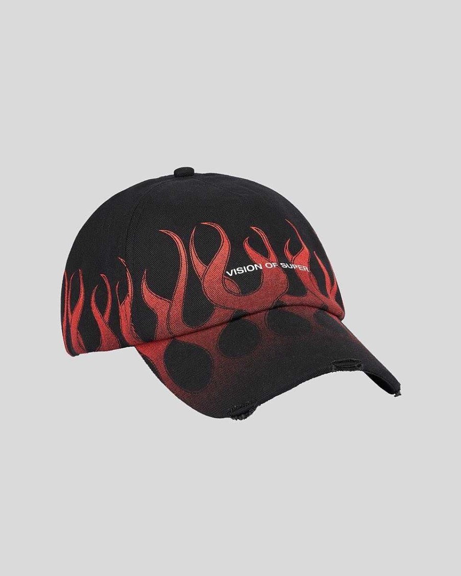 Men Vision of Super Accessories | Black Cap With Red Flames