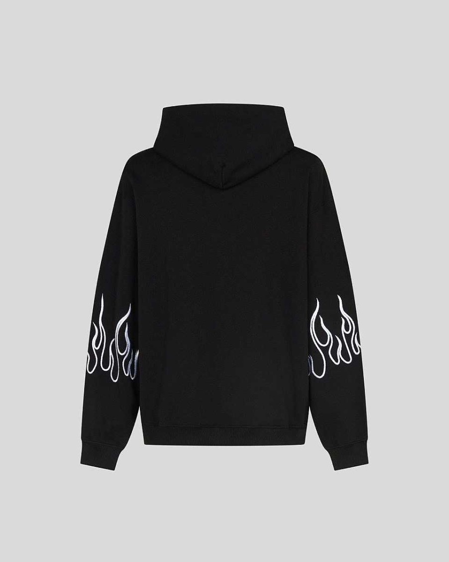 Men Vision of Super Sweatshirts | Black Zip Hoodie With White Embroidered Flames