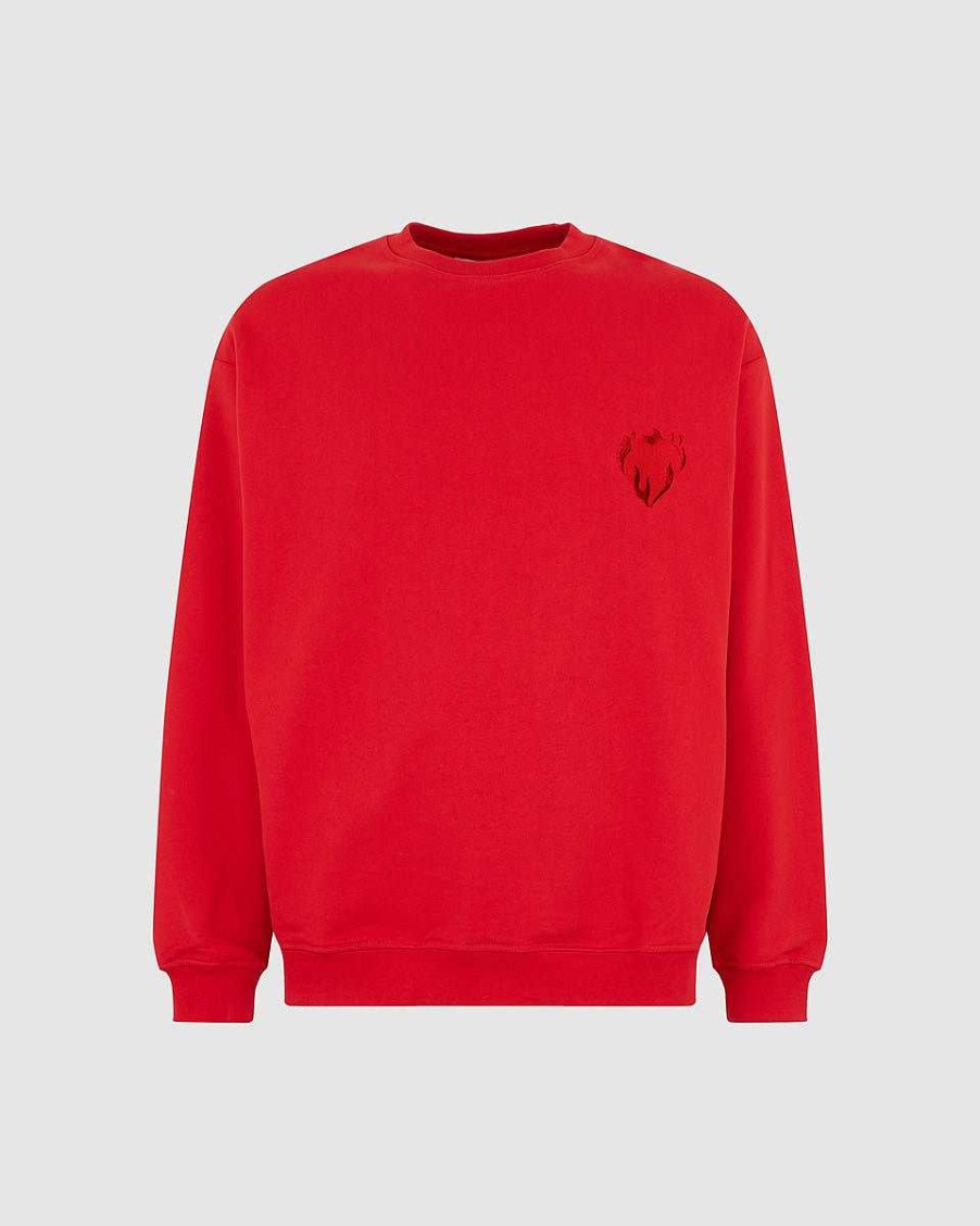 Men Vision of Super Sweatshirts | Red Crewneck With Embroidered Flaming Heart