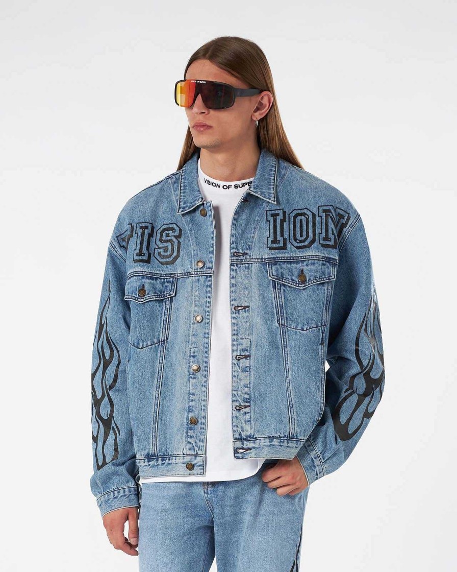 Men Vision of Super Outwear | Blue Denim Jacket With Black Tribal Flames