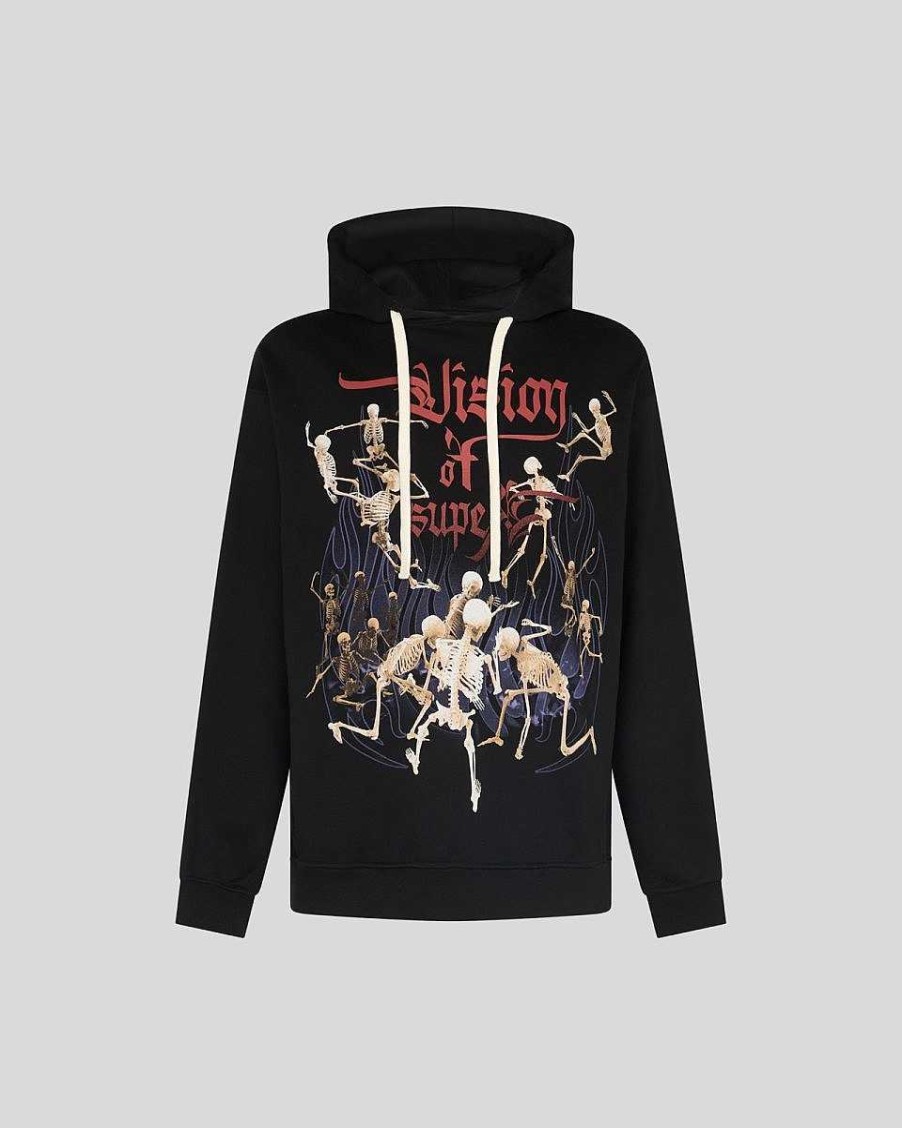 Men Vision of Super Sweatshirts | Black Hoodie With Dancing Skeletons Graphics