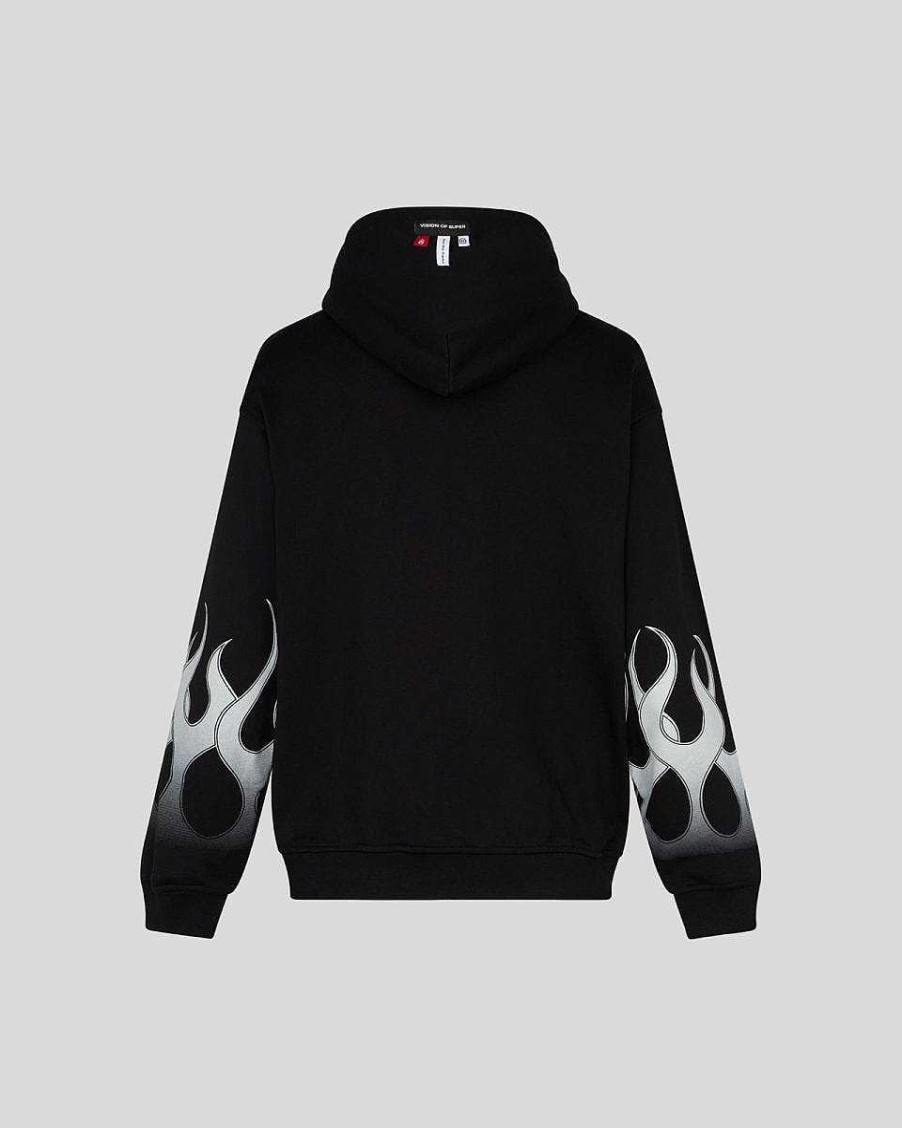 Men Vision of Super Sweatshirts | Black Hoodie With Grey Flames