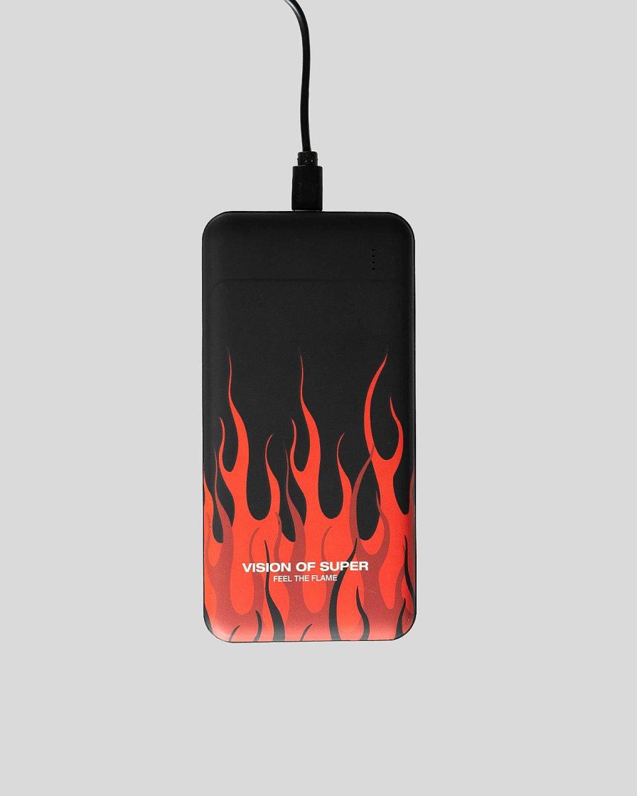 Men Vision of Super Accessories | Black Powerbank With Red Flames And White Logo