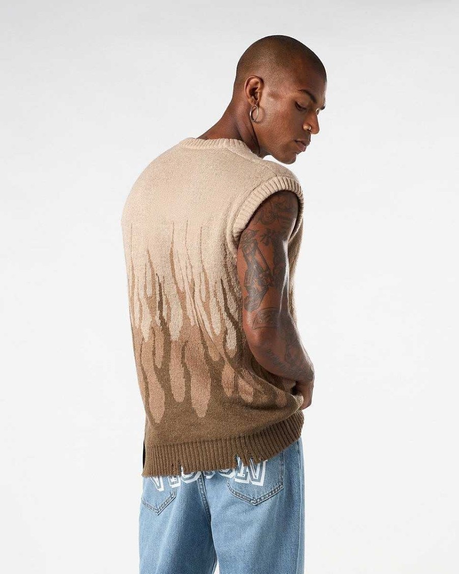 Men Vision of Super Jumpers | Sand Knitwear Vest With Double Flames