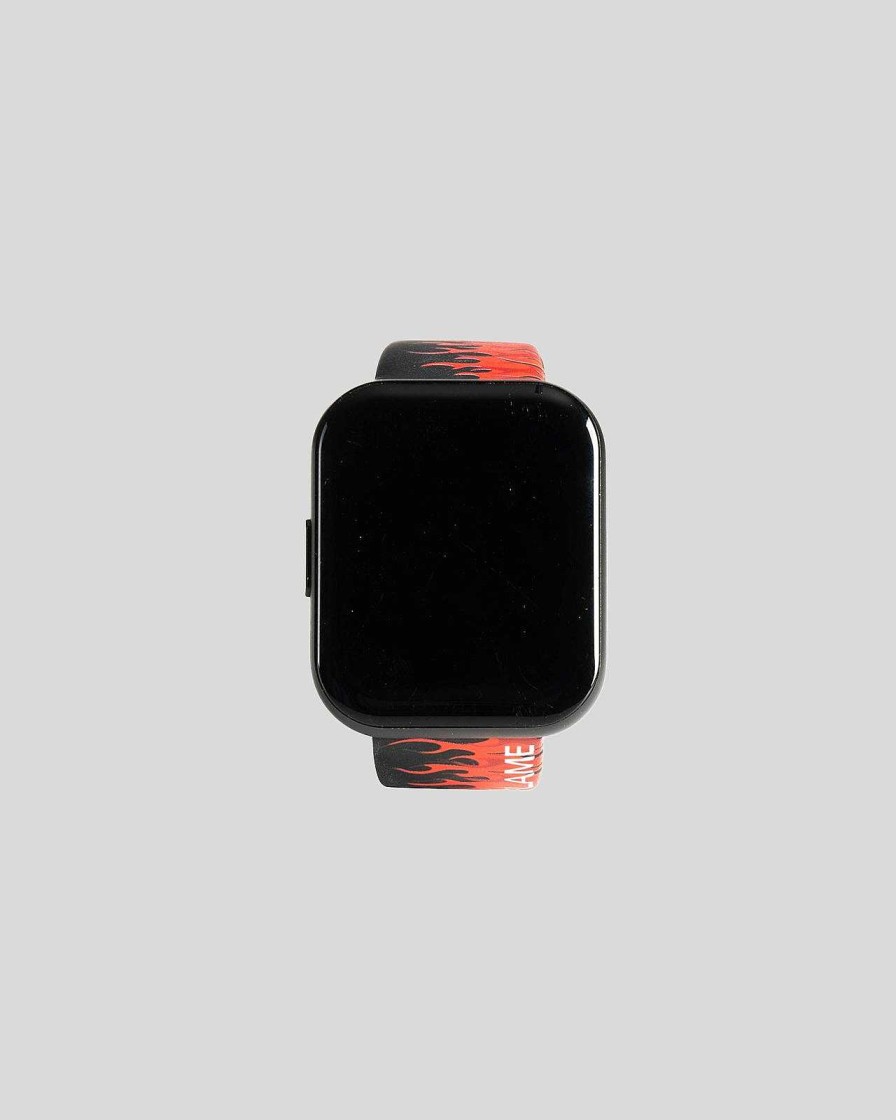 Men Vision of Super Accessories | Black Smartwatch With Red Flames And White Logo