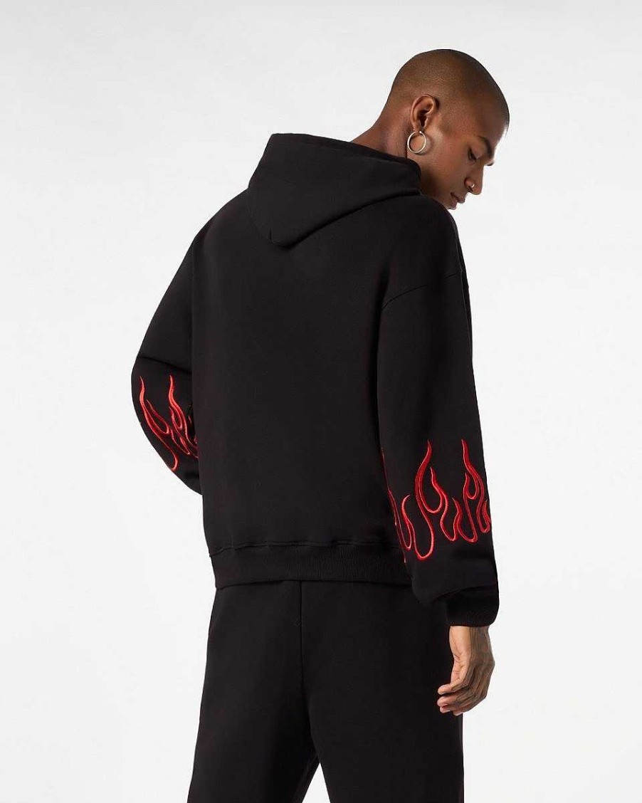 Men Vision of Super Sweatshirts | Black Hoodie With Red Embroidered Flames