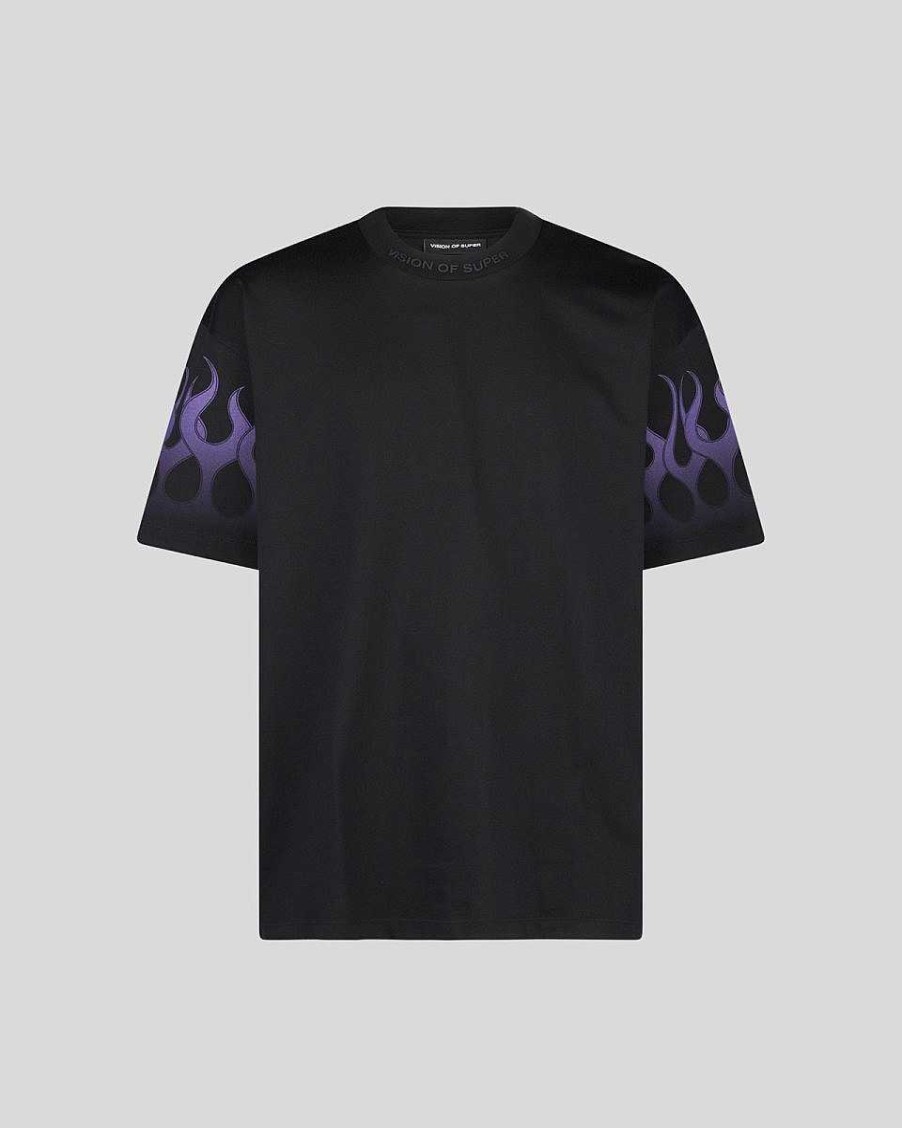 Men Vision of Super T-Shirts | Black T-Shirt With Purple Flames