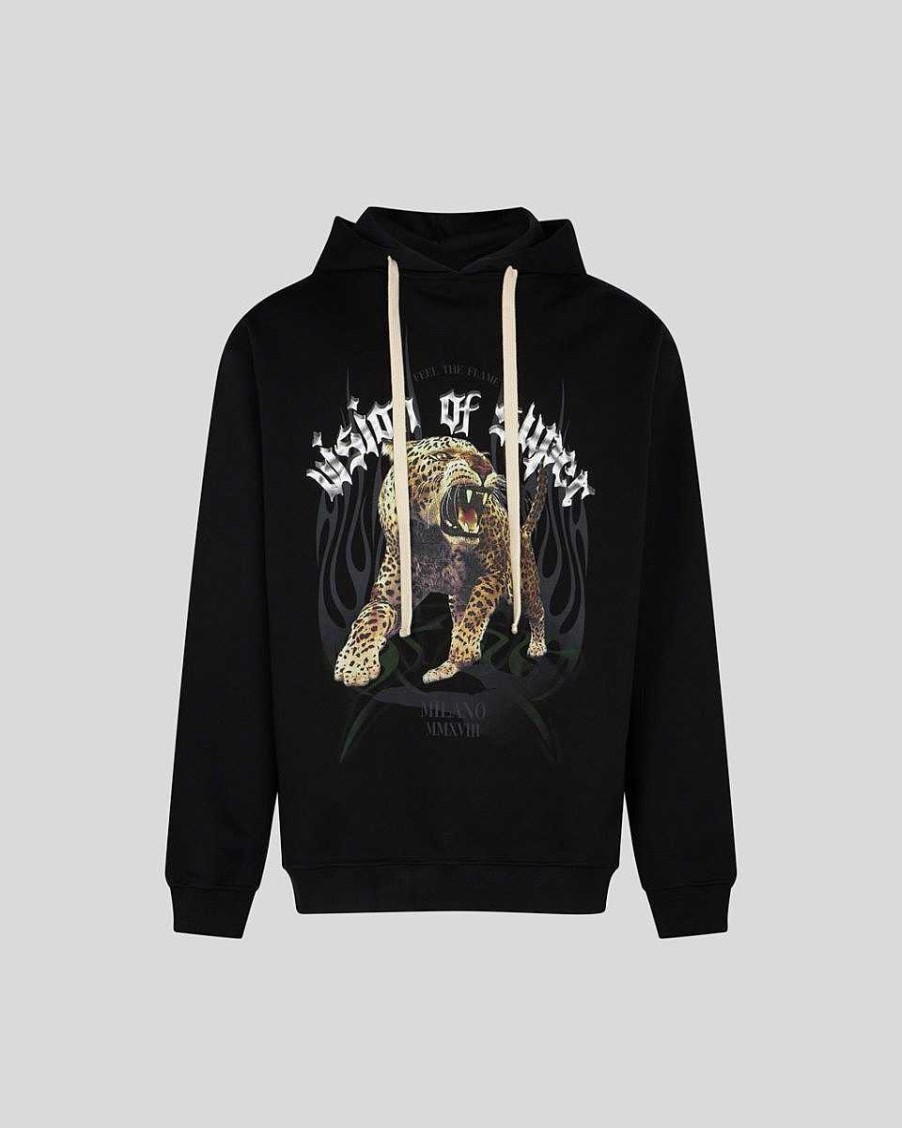 Men Vision of Super Sweatshirts | Black Hoodie With Tiger Graphics