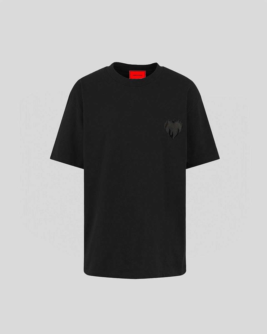 Men Vision of Super T-Shirts | Black T-Shirt With Embroidered Flaming Heart