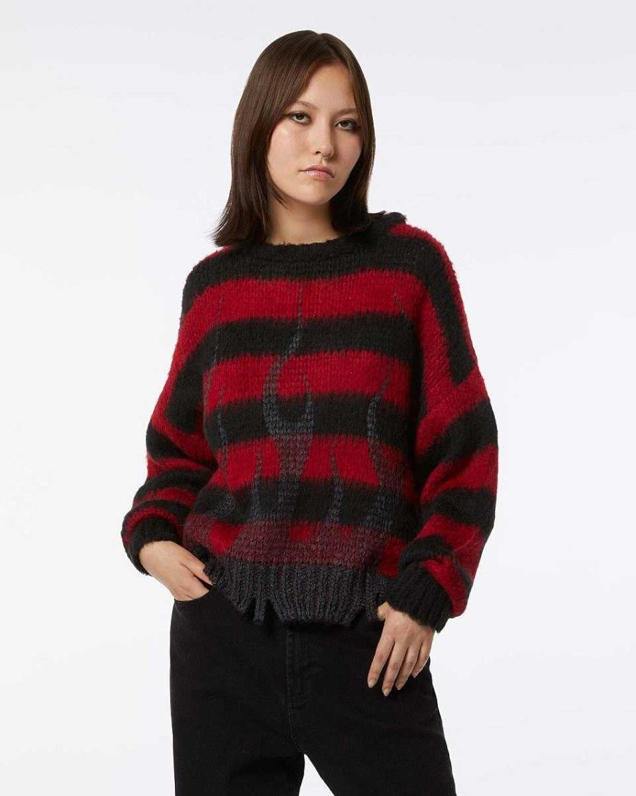 Men Vision of Super Jumpers | Red Striped Woman Jumper With Black Flames