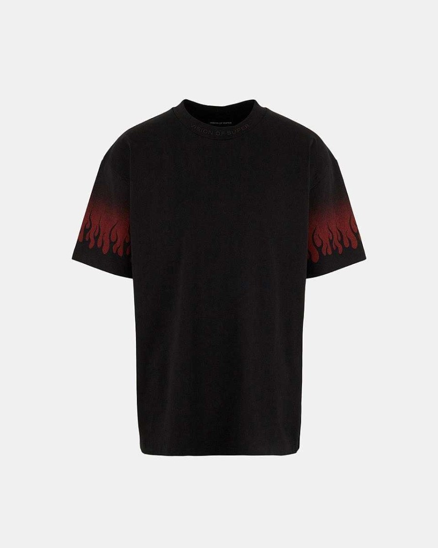 Men Vision of Super T-Shirts | Red Negative Flames Black T-Shirt