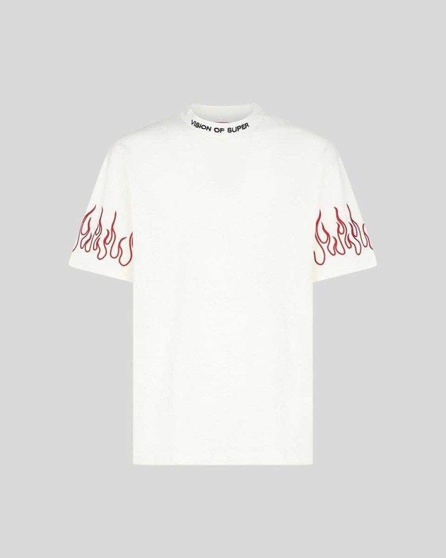 Men Vision of Super T-Shirts | White T-Shirt With Red Embroidered Flames