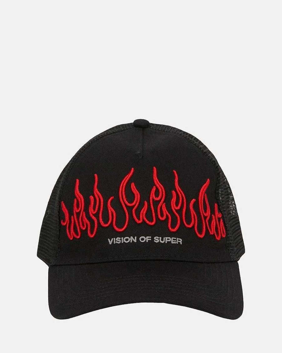 Men Vision of Super Accessories | Black Cap With Red Embroidered Flames