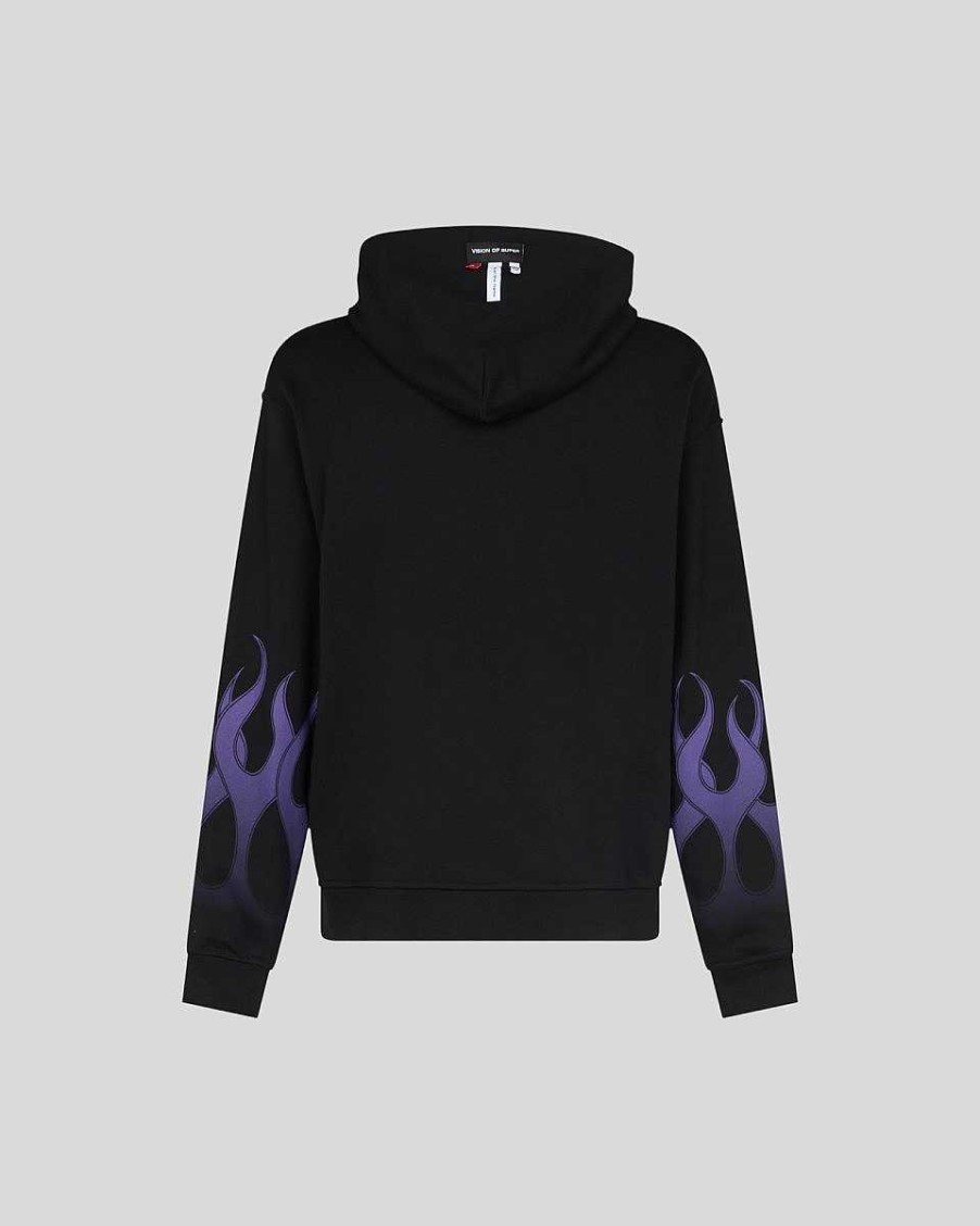 Men Vision of Super Sweatshirts | Black Hoodie With Purple Flames