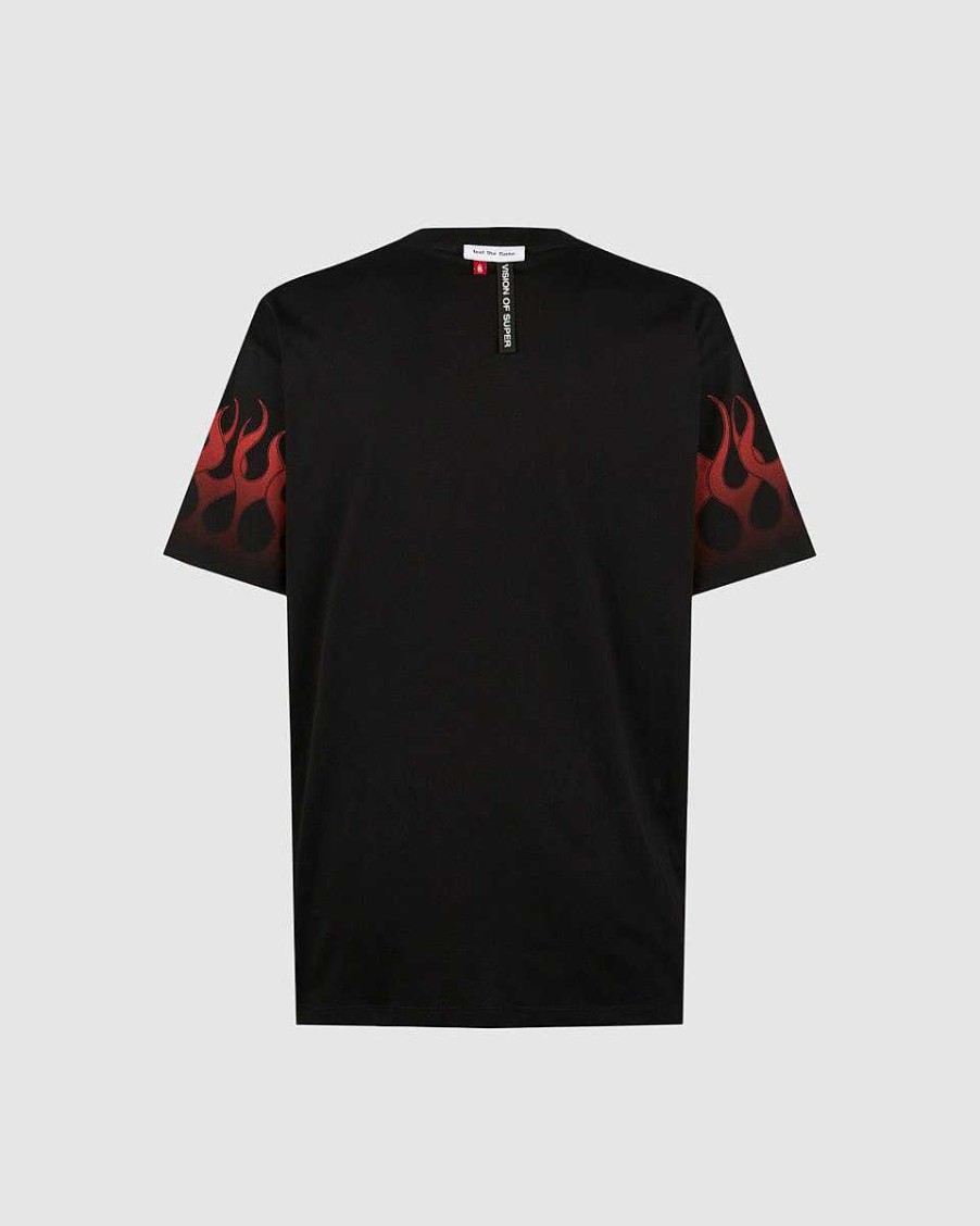 Men Vision of Super T-Shirts | Black Tshirt With Red Flames And Logo