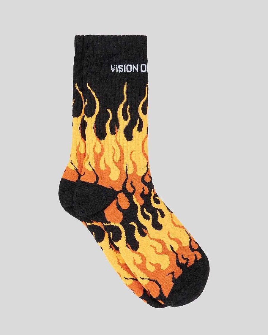 Men Vision of Super Socks | Black Socks With Orange Triple Flames