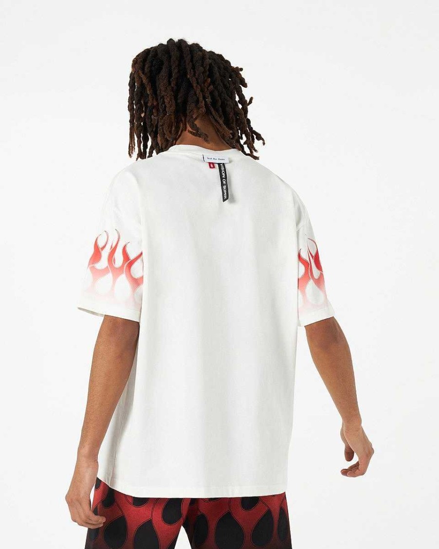 Men Vision of Super T-Shirts | White T-Shirt With Red Flames And Logo