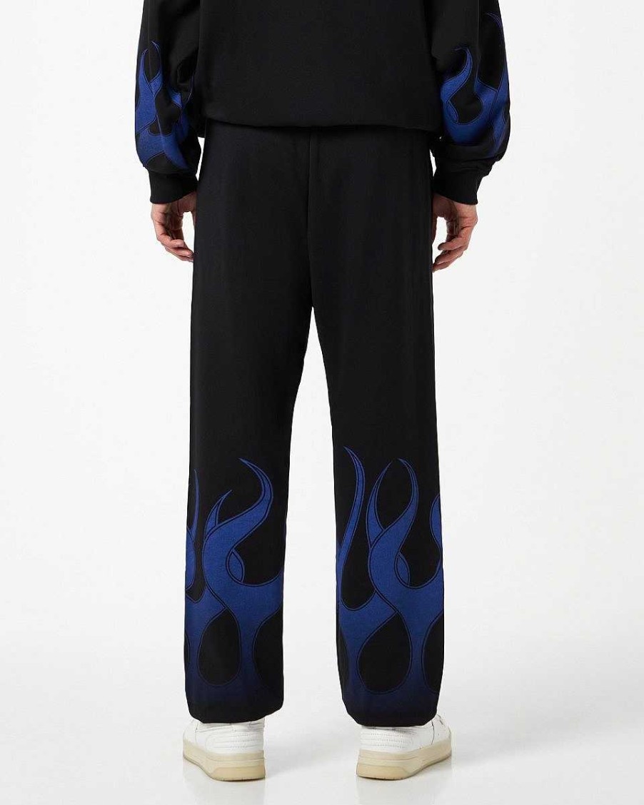 Men Vision of Super Pants | Black Pants With Blue Flames