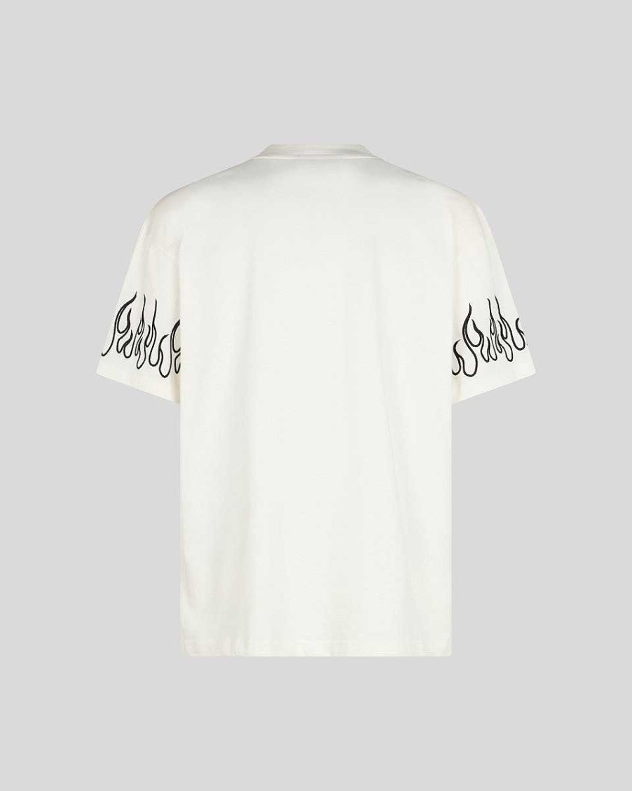 Men Vision of Super T-Shirts | White T-Shirt With Black Embroidered Flames