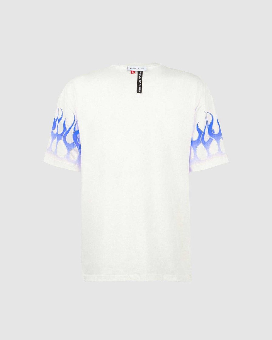 Men Vision of Super T-Shirts | White T-Shirt With Blue Flames