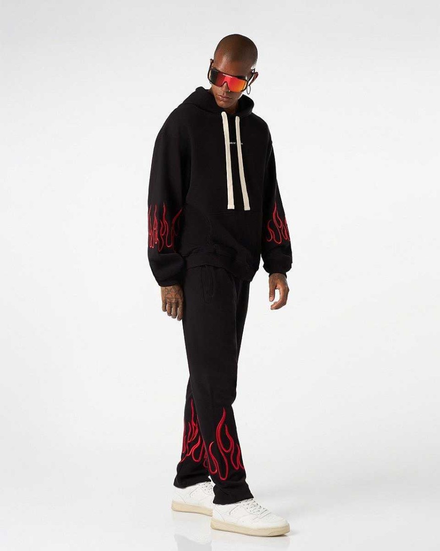 Men Vision of Super Sweatshirts | Black Hoodie With Red Embroidered Flames