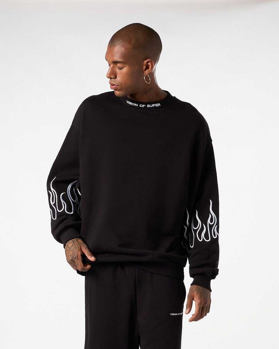 Men Vision of Super Sweatshirts | Black Crewneck With White Embroidered Flames