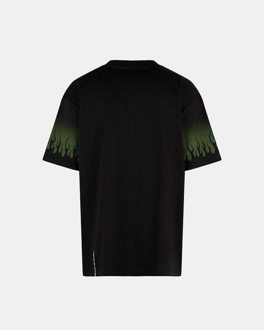 Men Vision of Super T-Shirts | Green Negative Flames Black T-Shirt