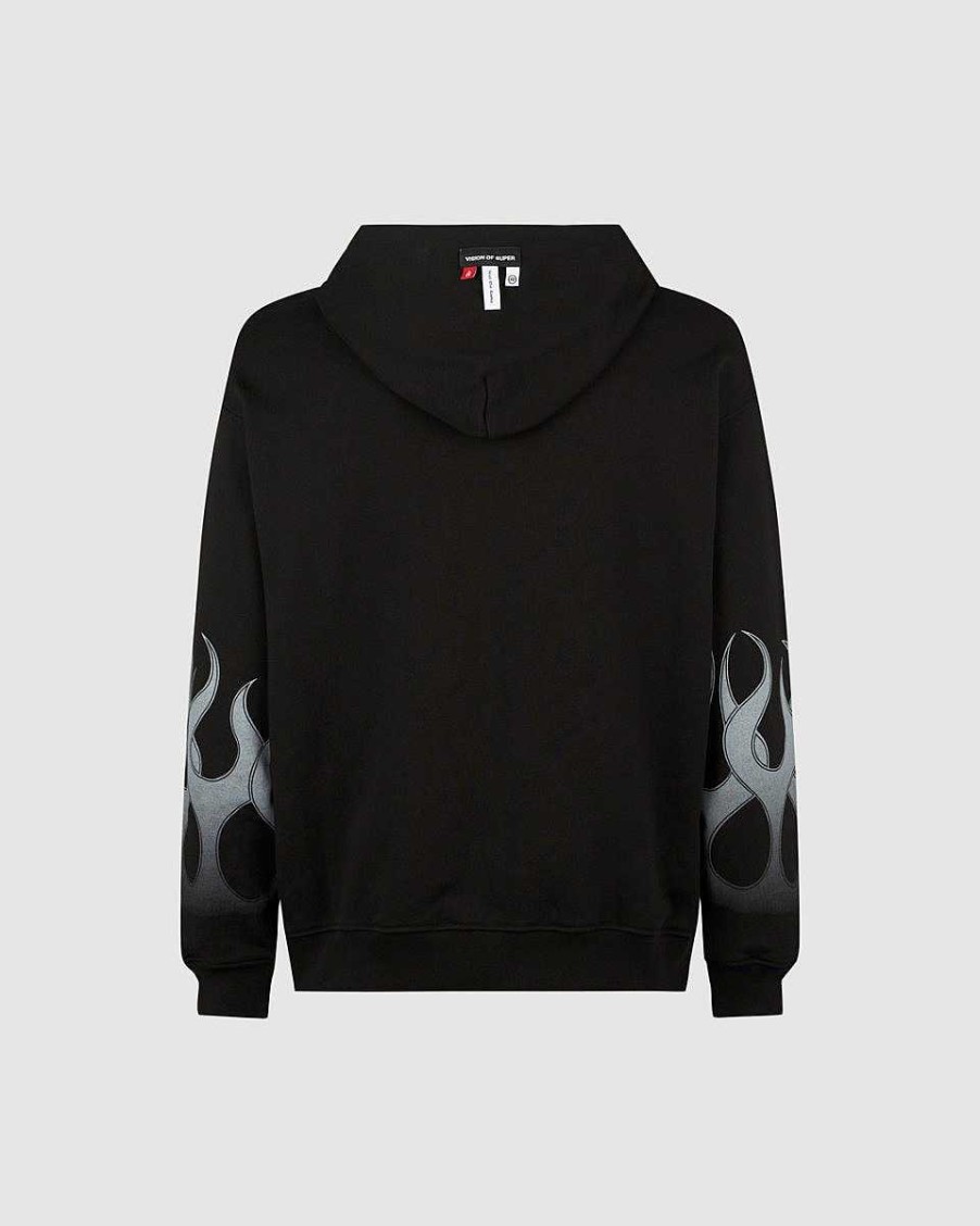 Men Vision of Super Sweatshirts | Black Hoodie With Grey Flames