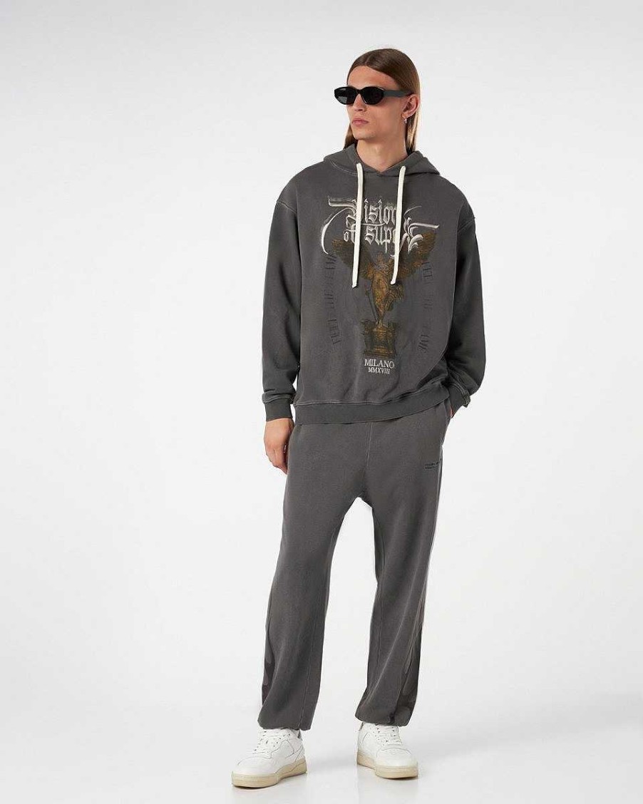 Men Vision of Super Sweatshirts | Grey Stonewashed Hoodie With Angel Statue Graphics