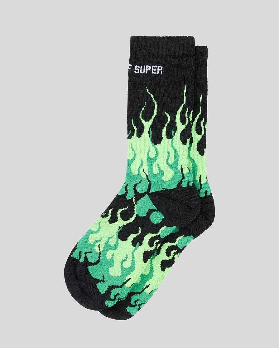 Men Vision of Super Socks | Black Socks With Green Triple Flames