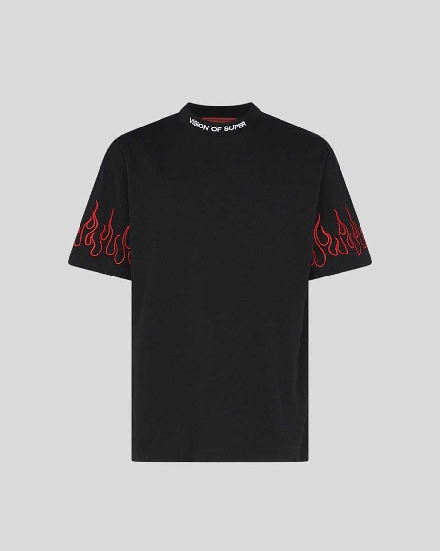 Men Vision of Super T-Shirts | Black T-Shirt With Red Embroidered Flames