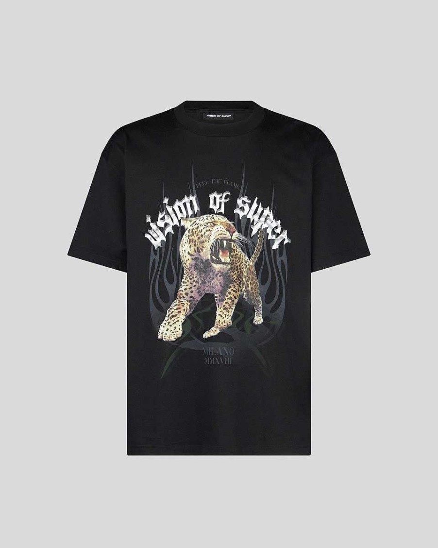 Men Vision of Super T-Shirts | Black T-Shirt With Tiger Graphics