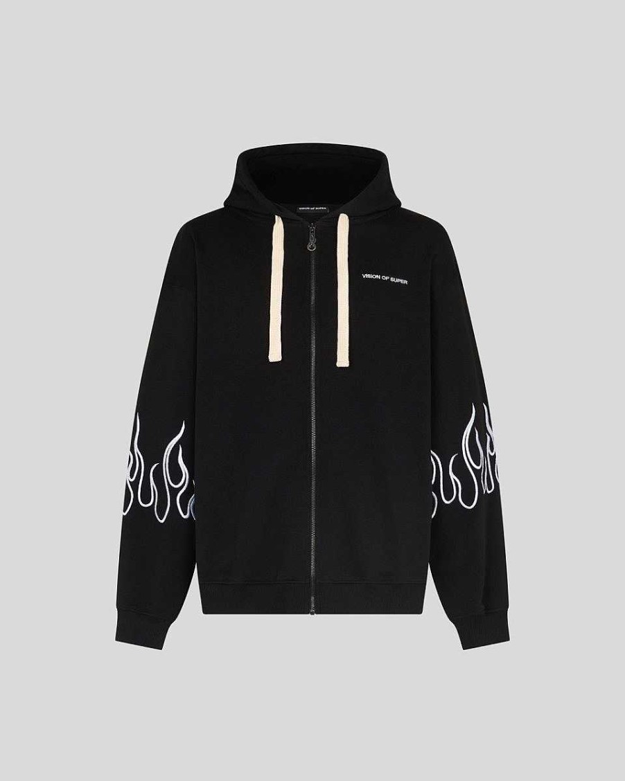 Men Vision of Super Sweatshirts | Black Zip Hoodie With White Embroidered Flames