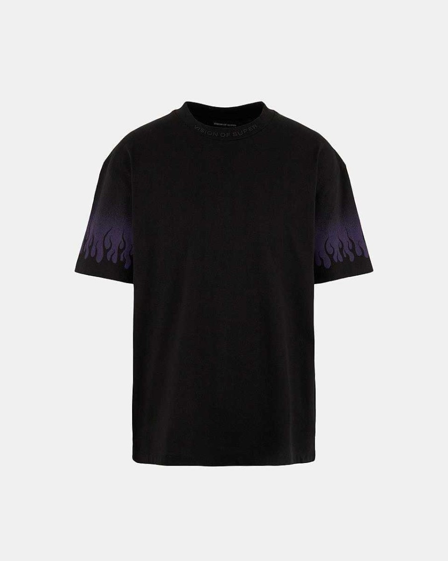 Men Vision of Super T-Shirts | Purple Negative Flames Black T-Shirt