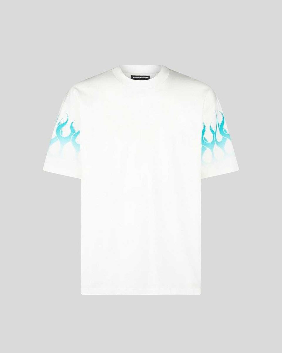 Men Vision of Super T-Shirts | White T-Shirt With Light Blue Flames