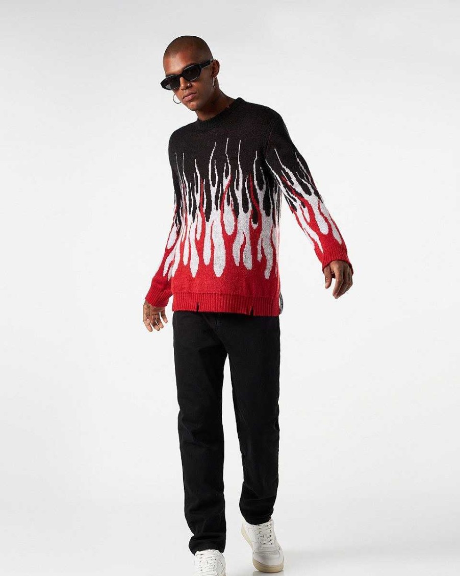 Men Vision of Super Jumpers | Black Jumper With Red And White Double Flames