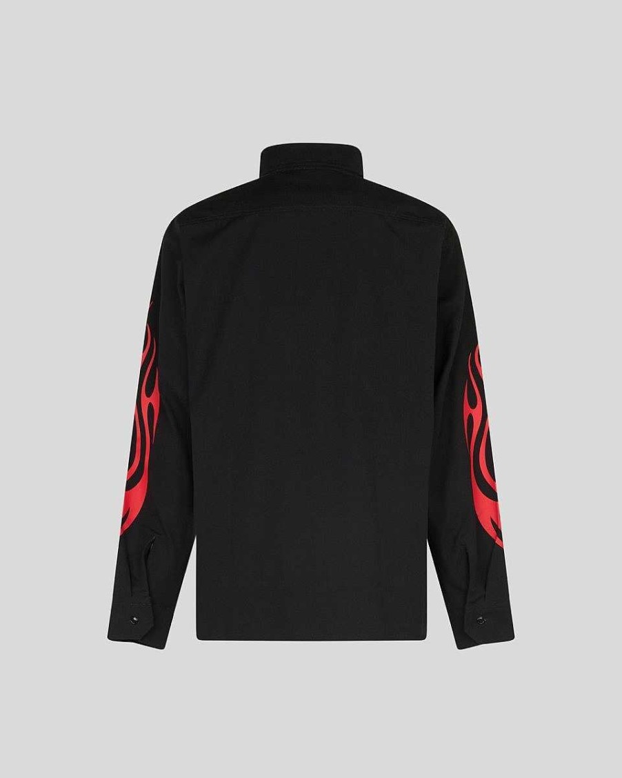 Men Vision of Super Shirts | Black Worker Shirt With Tribal Flames