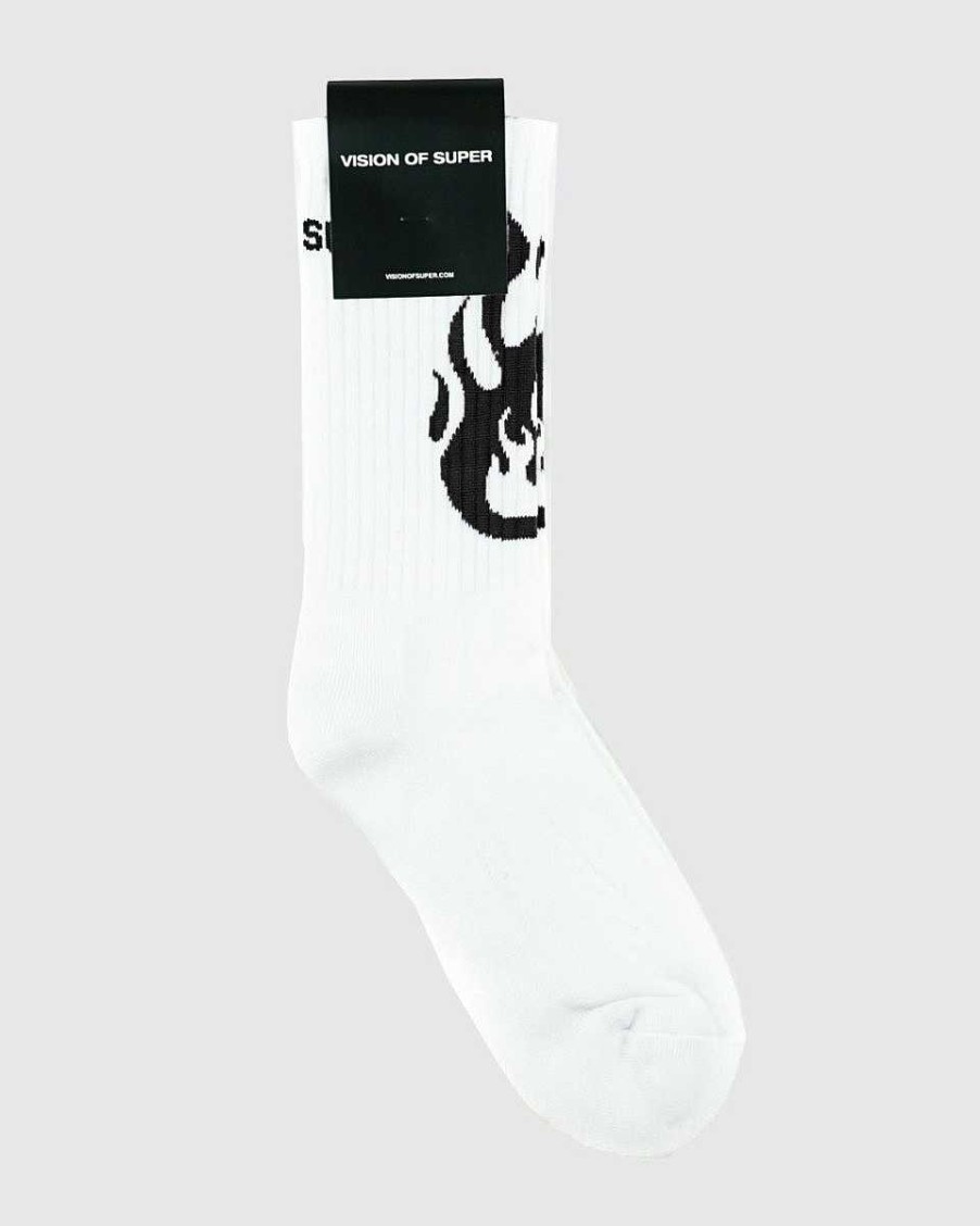 Men Vision of Super Socks | White Socks With Black Fire Logo