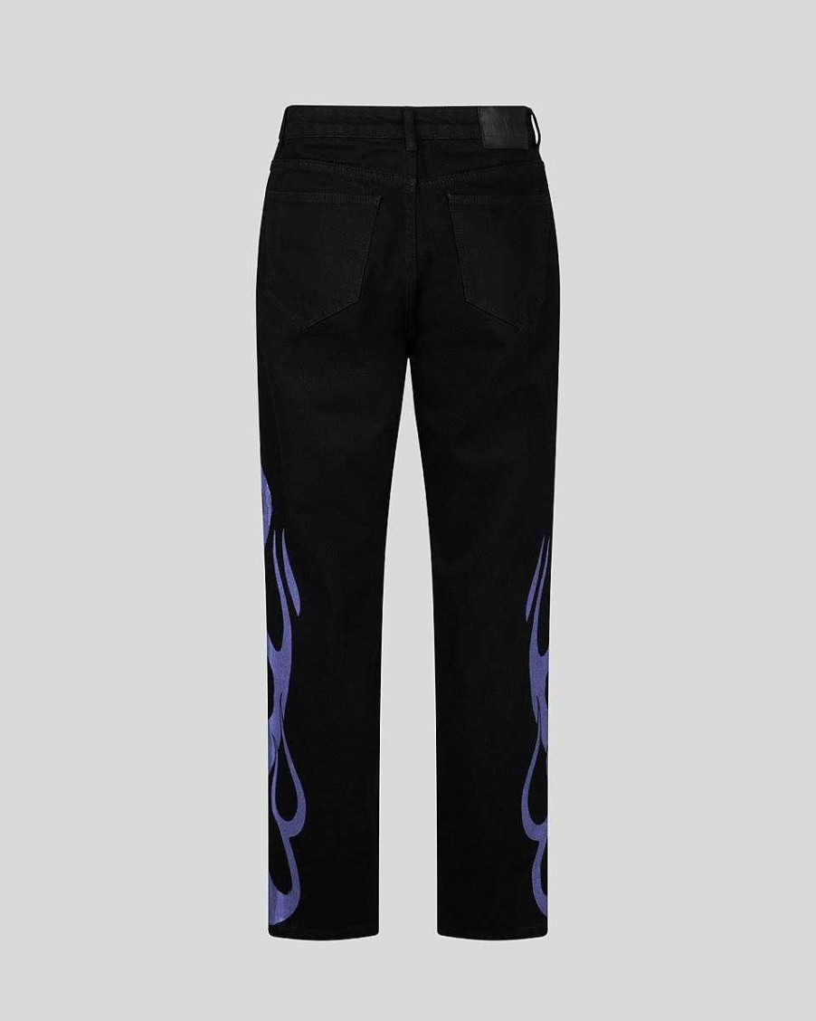 Men Vision of Super Pants | Black Denim With Purple Flames