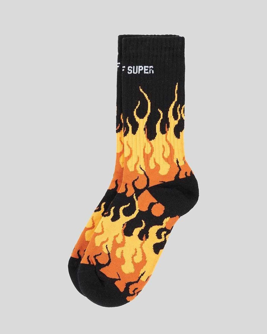 Men Vision of Super Socks | Black Socks With Orange Triple Flames