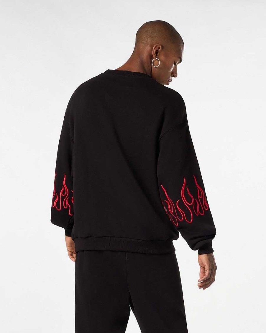 Men Vision of Super Sweatshirts | Black Crewneck With Red Embroidered Flames