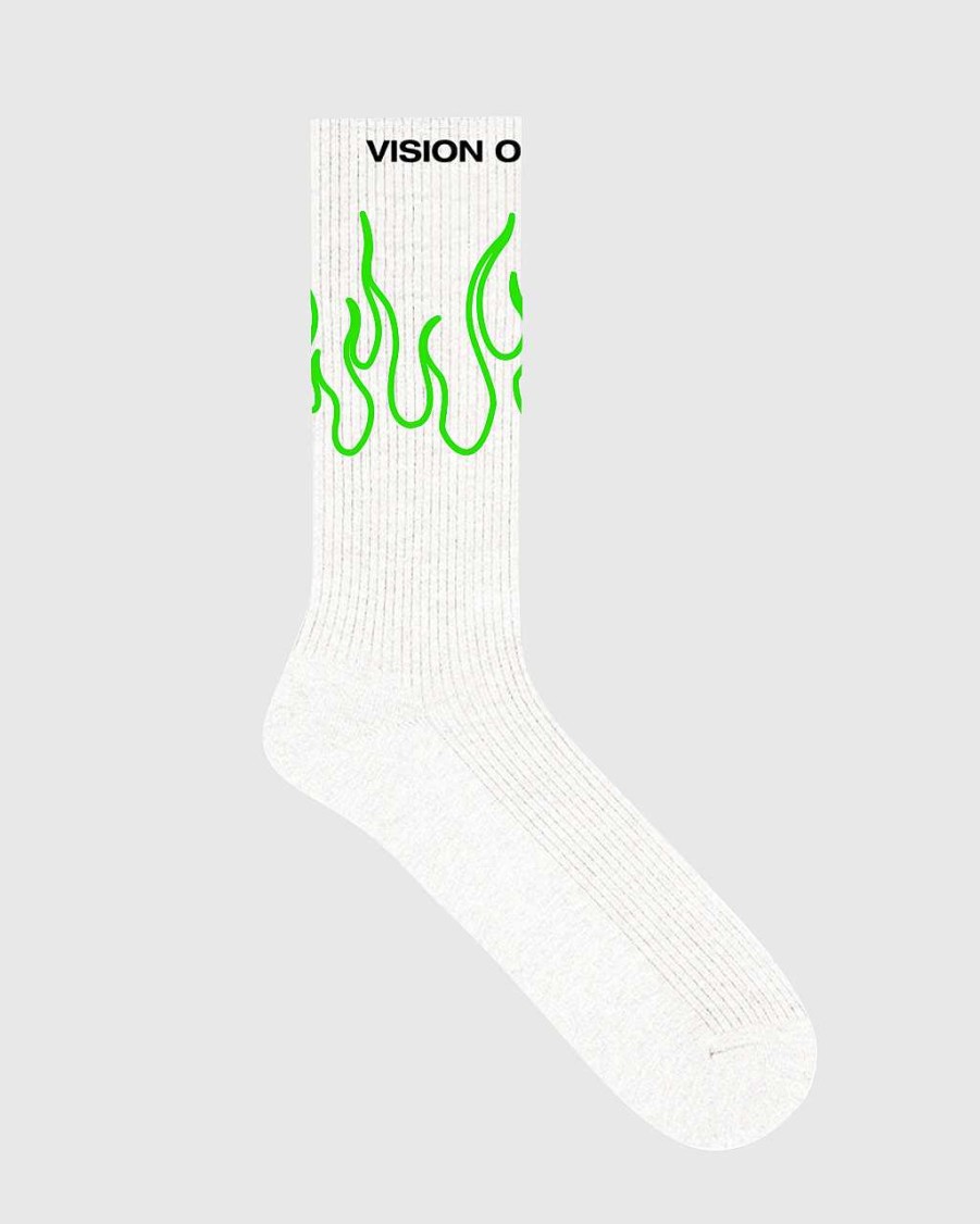 Men Vision of Super Socks | White Socks With Green Outline Flames