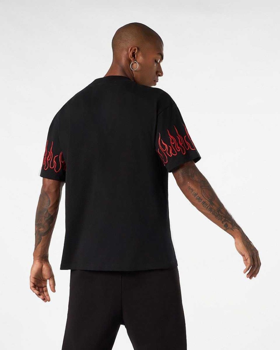 Men Vision of Super T-Shirts | Black T-Shirt With Red Embroidered Flames