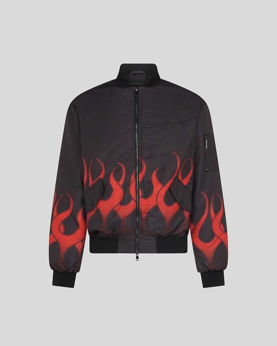 Men Vision of Super Outwear | Black Puffer Jacket With Red Flames