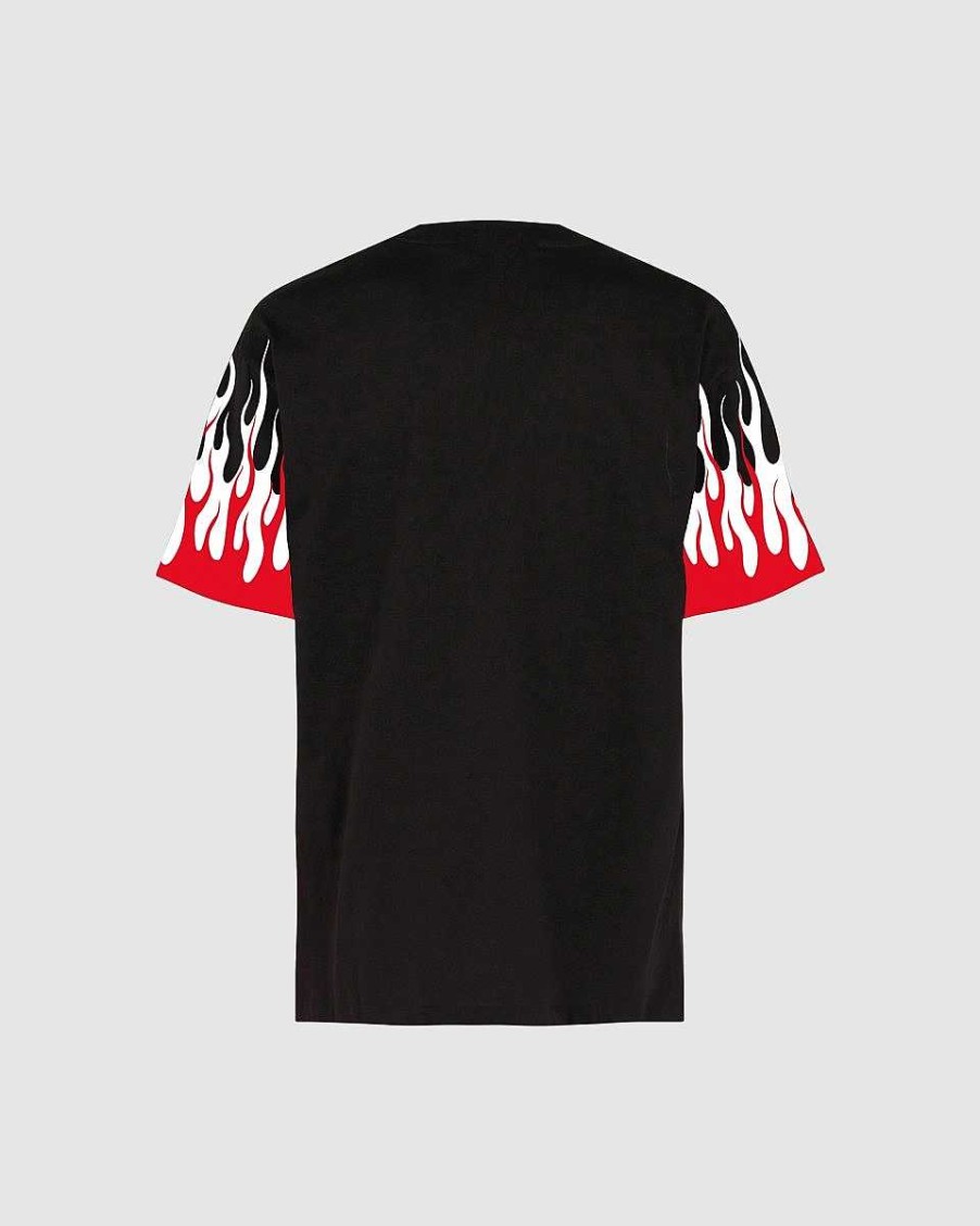 Men Vision of Super T-Shirts | Black T-Shirt With Printed Red And White Flames