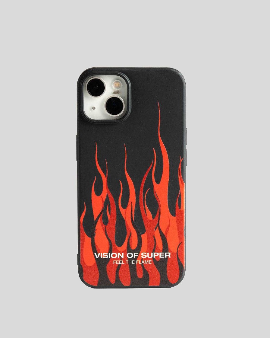 Men Vision of Super Accessories | Black Iphone 14 Cover With Red Flames And White Logo