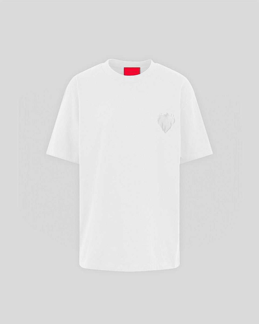 Men Vision of Super T-Shirts | Off White T-Shirt With Embroidered Flaming Heart