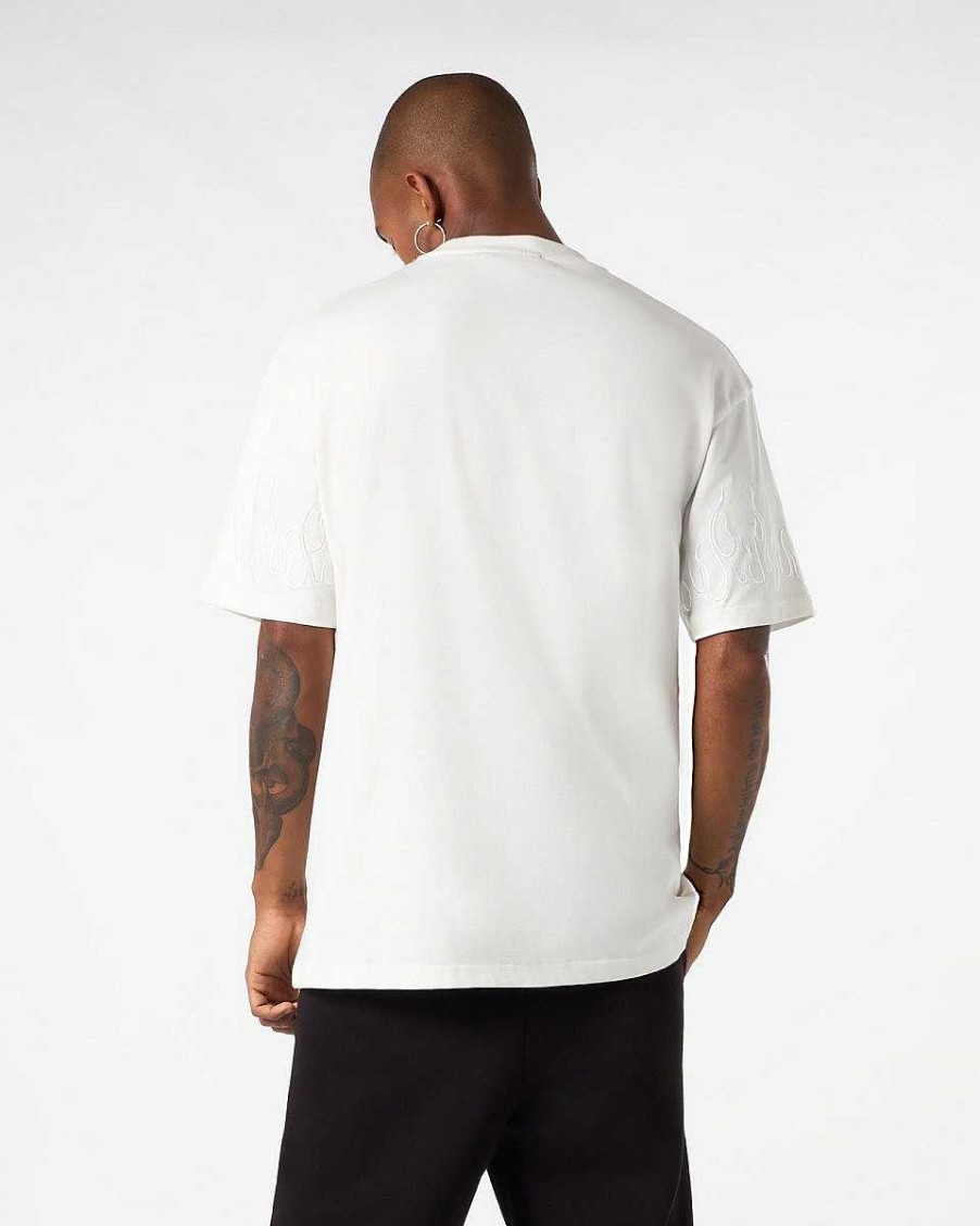 Men Vision of Super T-Shirts | White T-Shirt With White Embroidered Flames