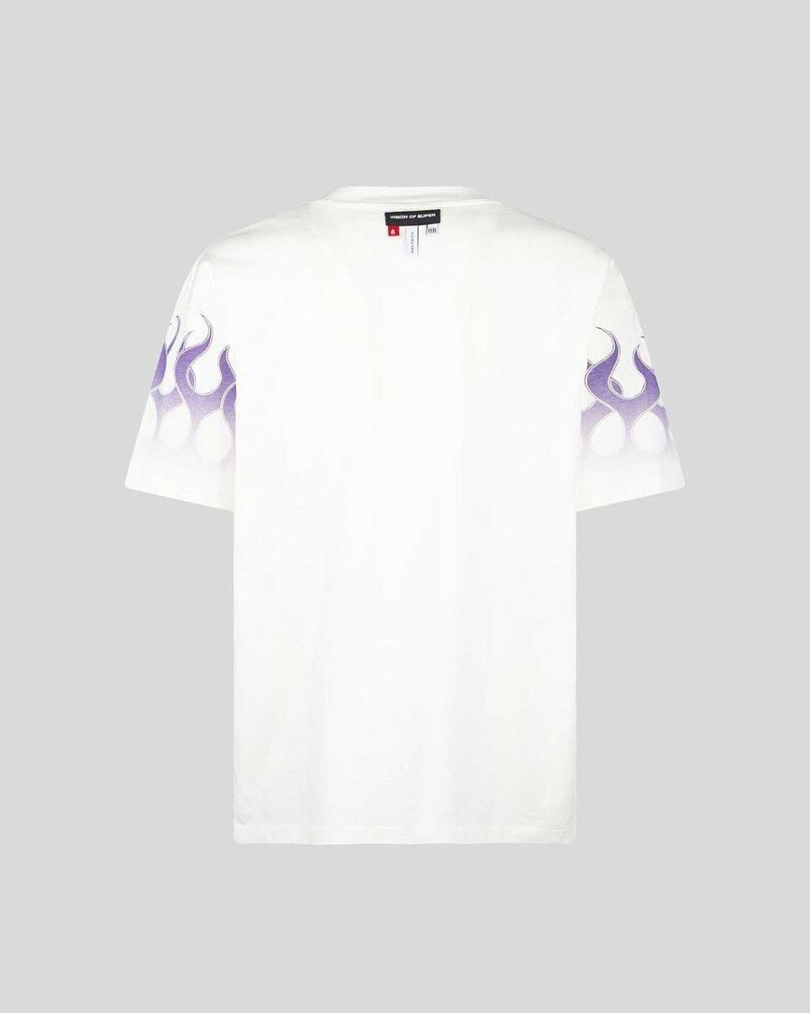 Men Vision of Super T-Shirts | White T-Shirt With Purple Flames